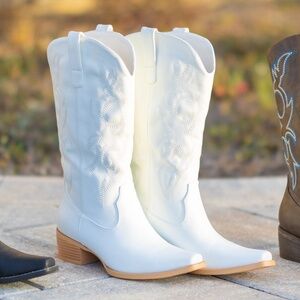 White Faux Leather Square Toe Calf Height Embroidered Cowgirl Boots